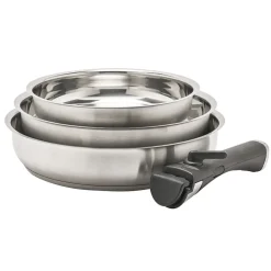 Cheap Lot de 3 poêles tout inox + 1 manche amovible Batteries De Cuisine|Poêles