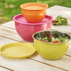 Cheap Lot de 3 saladiers inox multicolores avec couvercles Ustensiles De Préparation|Boite De Conservation Alimentaire